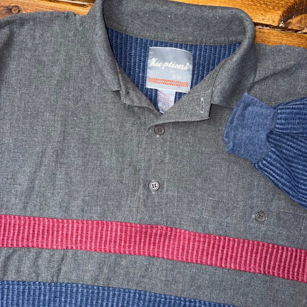 Vintage Xceptions by DSI Polo Shirt Mens Large Blue Gray Colorblock Waffle Knit